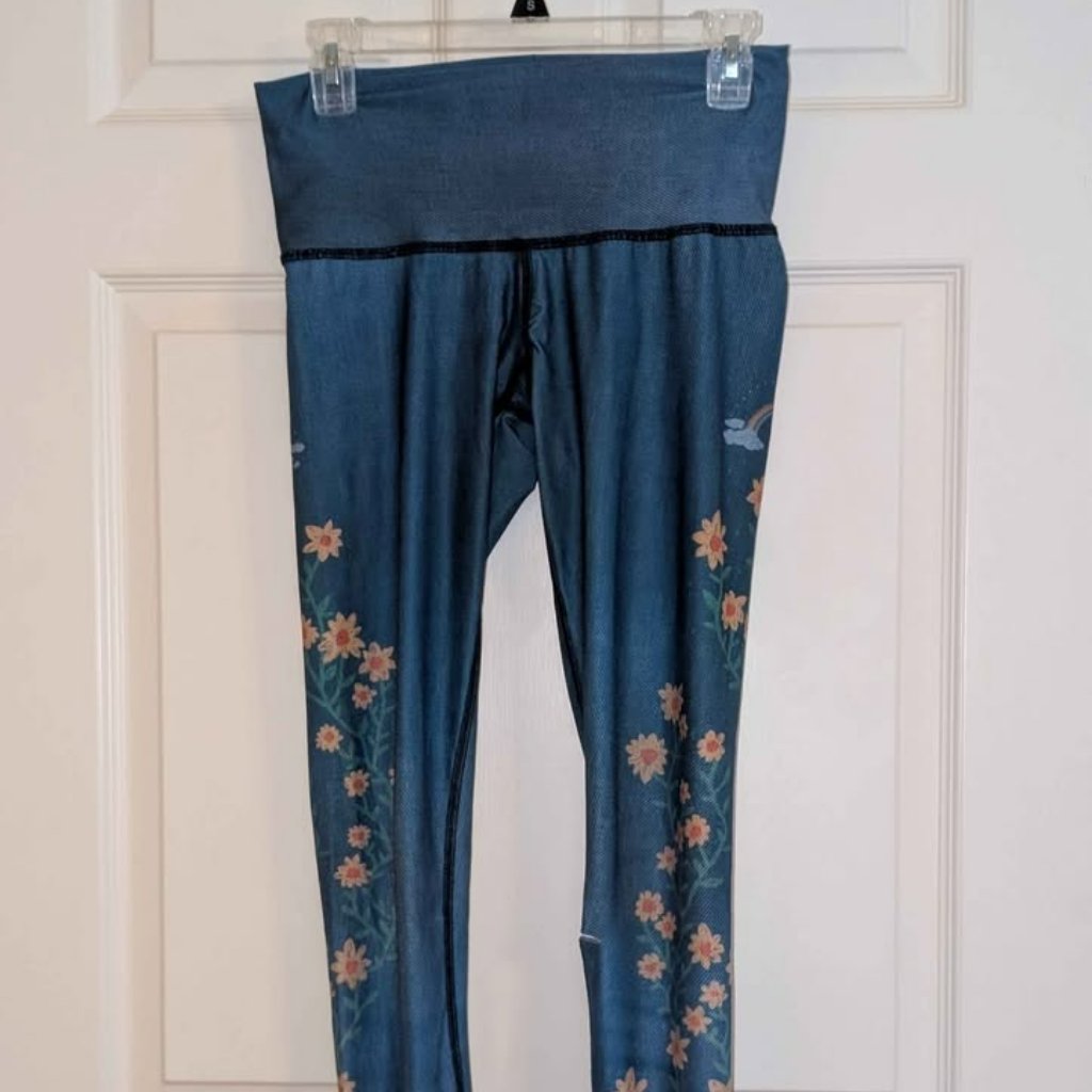 Teeki Blue Floral Rainbow Leggings Small High Rise Yoga Pants Festival Boho